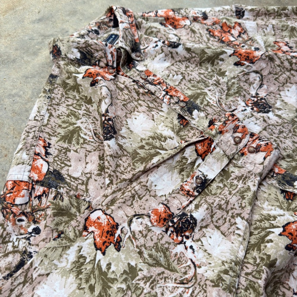 Vintage 90s Bit & Bridle Nature Deer Print Shirt Workwear Gorpcore Tan XL (c2)